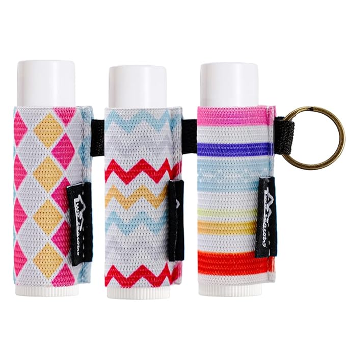 WK IEASON Lip Balm Holder Keychain, Stocking Stuffers for Teen Girls, 3PCS Clip on Lip Gloss Holder Compatible With Chapstick, Burt's Bees Sleeves Holder Key Chains Women Cute Elastic Lipstick Holder