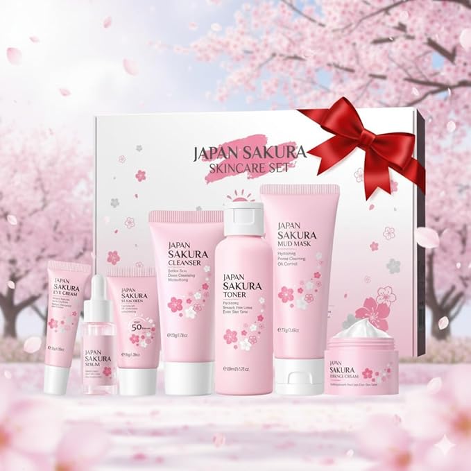 Sakura Skin Care Set, 7 Pcs Sakura Skin Care Kit with Cleanser, Toner, Serum, Eye Cream, Face Cream, Mud Mask and Sunscreen, Moisturizing Travel Size Skincare Set, Christmas Gifts for Women Girls