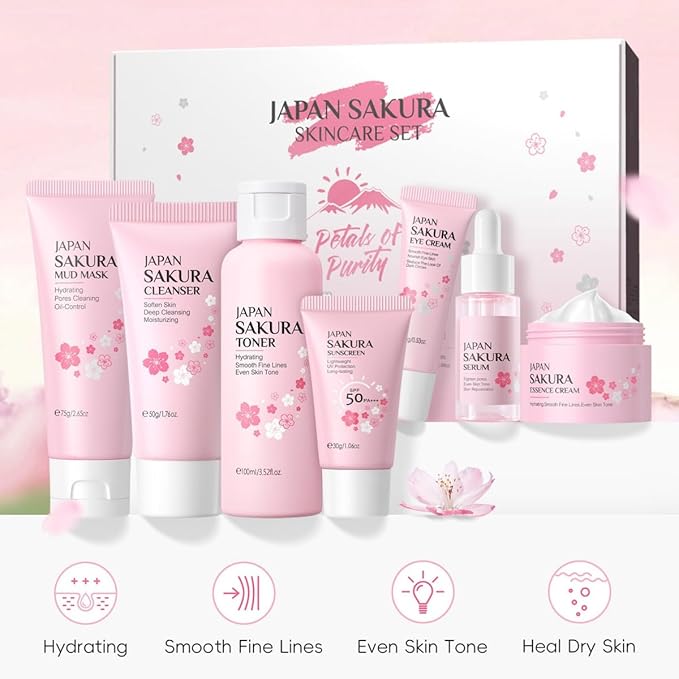 Sakura Skin Care Set, 7 Pcs Sakura Skin Care Kit with Cleanser, Toner, Serum, Eye Cream, Face Cream, Mud Mask and Sunscreen, Moisturizing Travel Size Skincare Set, Christmas Gifts for Women Girls