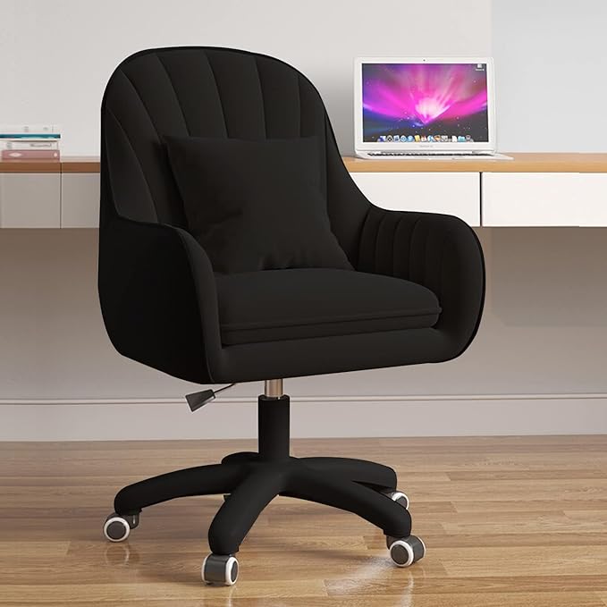 Mid Back Velvet Vanity Chair Swivel Rolling Desk Chair with Wheels, Modern Upholstered Makeup Chair for Women Girls, Computer Task Chair for Bedroom Living Room Office, Black