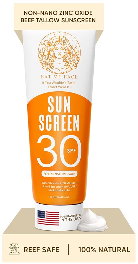 Eat My Face Tinted Beef Tallow Sunscreen SPF 30 – No White Cast, Natural Glow | Reef Safe Mineral Zinc Oxide | Water Resistant Sun Protection for Face & Body, 4 oz