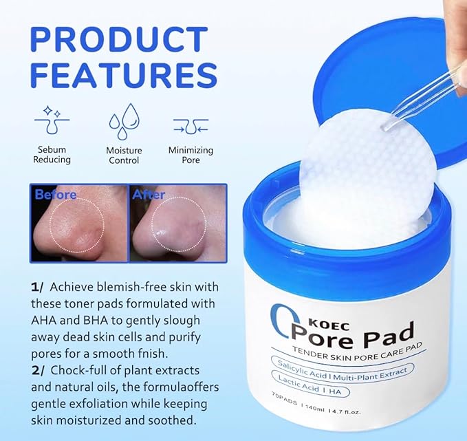 KOEC Korean Clean Pore Toner Pads 2.0 Facial Toner Pads with AHA/BHA niacinamide, Exfoliating Toner Pad- 70 Count-2packs