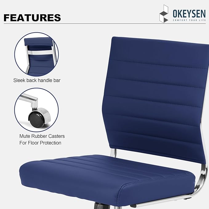 Okeysen Armless Office Desk Chair, Mid Back Ergonomic Swivel Conference Room Chair, Adjustable Height PU Leather Home Desk Chair, Modern Small Rolling Computer Task Chair, Navy Blue