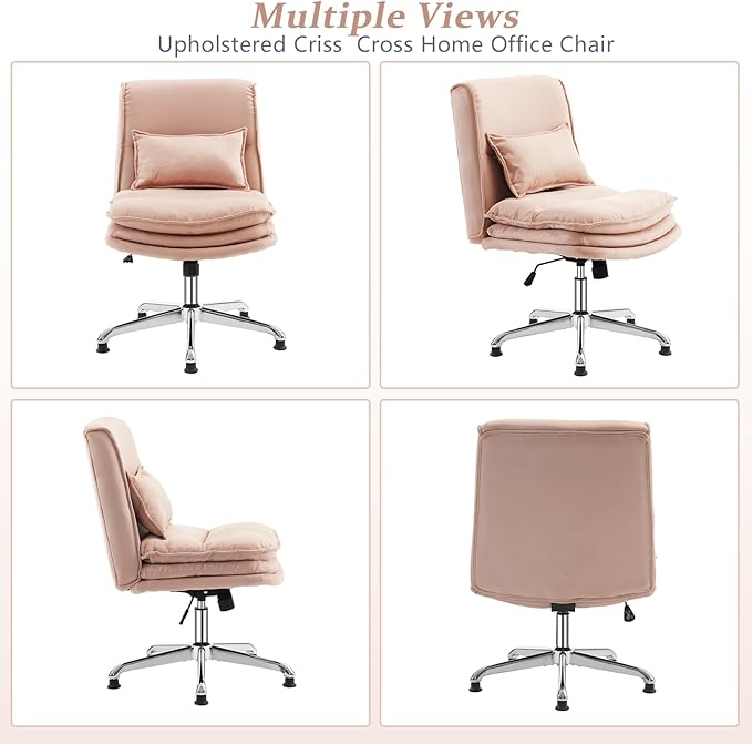 VINGLI Cloud Criss Cross Legged Home Office Desk Chair, 18" High Back Armless, Wide Adjustable Comfy Padded Seat, Modern Swivel Makeup Vanity Chair, Microfiber, Pink