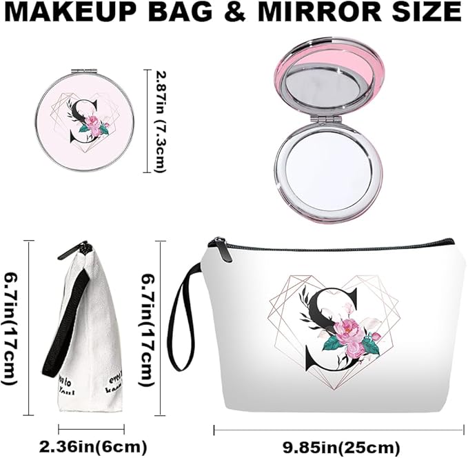 Personalized Initial S floral Makeup Bag set with Mirror for Women,White Ietter travel Cosmetic bag kit for Bride Bridesmaid with10 pieces pink brush set,Initial Gifts for Girls Mom femal Friends