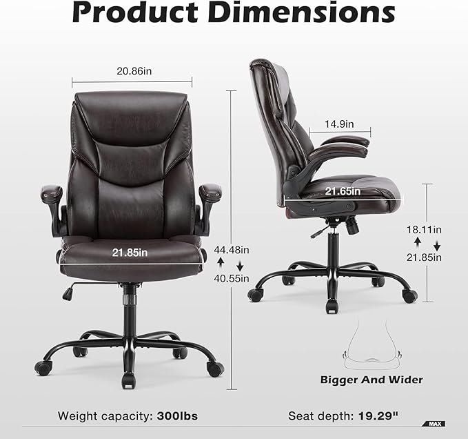 DUMOS PU Leather Office Chair - Ergonomic Executive Computer Desk Chairs with Adjustable Flip-up Armrest, Swivel Task Chair with Lumbar Support, Strong Metal Base,Dark Brown
