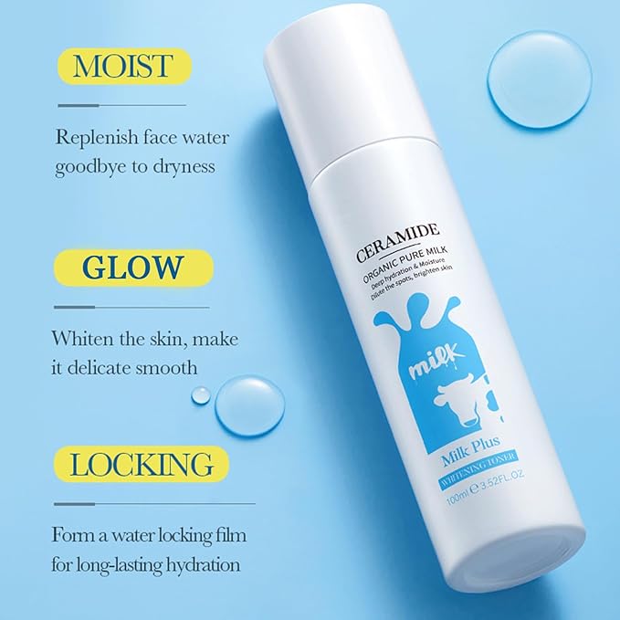 Milk Toner for Face with Ceramide, Milky Korean Face Deep Hydrating Toner with Organic Pure Milk Extract for Spot Glow Glass Skin Moisturizing Soothing Sensitive Skin 3.38 Floz