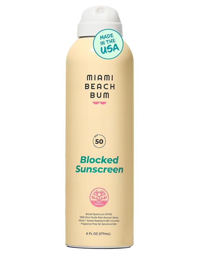 Miami Beach Bum SPF 50 Sunscreen Spray - 6 fl oz Reef Safe Water Resistant Sunscreen Blocked Mineral BOV Spray with Algae, Aloe & Antioxidants - Non Aerosol, Hawaii Reef Compliant, Petroleum Free