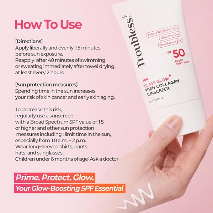 Troubless Glass Glow PDRN Collagen SPF 50 Sunscreen face - Hydrating & Moisturizing Broad Spectrum Sunscreen - Vegan, Lightweight, Non-Comedogenic - Korean Skin Care for All Skin Types 1.69 fl oz