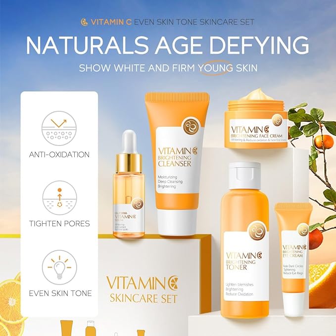 Vitamin C Skin Care Set, 5 Pcs Vitamin C Skin Care Kit with Face Wash, Toner, Serum, Eye Cream and Face Moisturizer Cream, Hydrating and Smooth Skin, Travel Size Skincare Set for Women Girls
