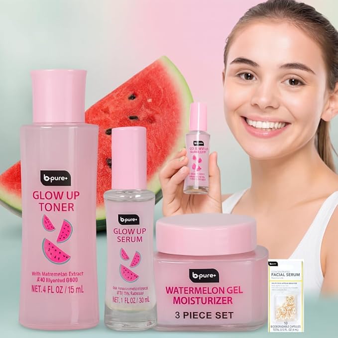 Glow Up b.pure Revitalizing Hydrating Night Cream-Watermelon Toner, Serum, Night Moisturizer & Biodegradable Niacinamide Capsules – Full Hydration No Alcohol-Set 4 Count