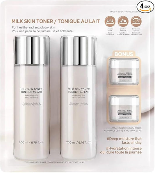 Milk Skin Rice Toner Glow Set - Deep Moisturizing, Niacinamide, Ceramide, Nature-Oriented Ingredients, Korean Skin Care, 2 ea 200ml/6.76 fl oz Milk Skin Toner and 15ml/0.50 fl oz Ceramic Cream Light
