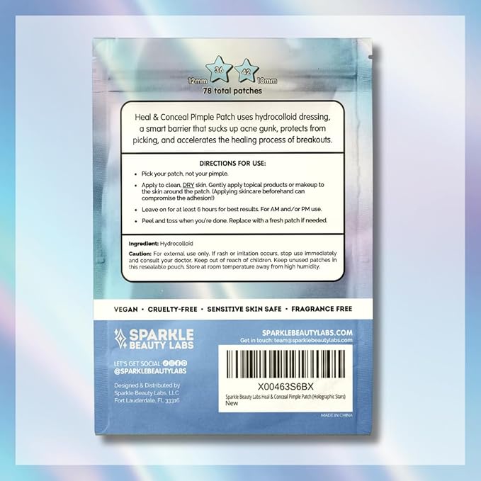 Heal & Conceal Pimple Patch - Cute Holographic Star Shaped Acne Patches, Fun Hydrocolloid Zit Stickers for Face (Iridescent Stars, 78 Count)