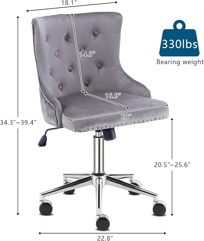 VINGLI Grey Velvet Armless Home Office Desk Chair with Silver Chrome Base/Wheels, Small Cute Vanity/Makeup Chair with Back for Bedroom, Upholstered Adjustable Rolling Swivel Nail Chair for Women/Girls