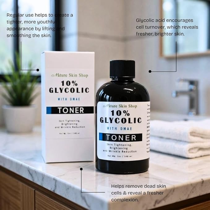Nature Skin Shop 10% Glycolic Acid Toner with DMAE, Anti-Aging Face Exfoliant for Wrinkles, Fine Lines & Pores, Skin Tightening & Firming Astringent