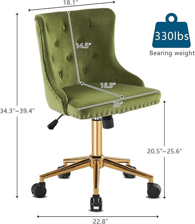 VINGLI Olive Green Velvet Armless Office Desk Chair with Gold Base/Wheels, Small Cute Vanity/Makeup Chair with Back for Bedroom, Upholstered Adjustable Rolling Swivel Nail Chair for Women/Girls