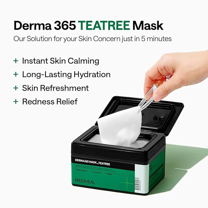 Mediheal Derma 365 Teetree Mask (30 Masks) - Daily Skin Care Mask for Deeply Comforting and Calming Skin with Teatree Active 4X
