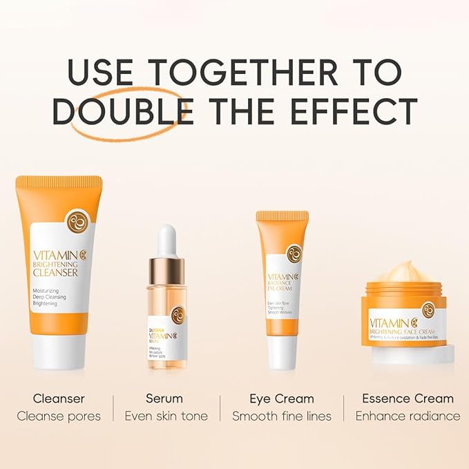 Vitamin C Skincare Set, 4 In 1 Moisturizing Facial Care Kit with Cleanser Serum Eye Cream Face Cream for Dull Skin & Fine Lines, Anti Aging Skin Care Routine Kit Gift for Women Teen Girls