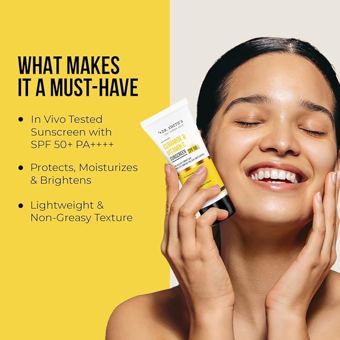 Dr. Sheth's Ceramide & Vitamin C Sunscreen In-Vivo Tested Protects, Moisturizes & Brightens Skin SPF 50+ PA++++ Lightweight, Leaves No White Cast 30 g