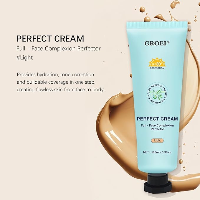 Perfect Cream All-Over Complexion Perfector | Long-Lasting BB Foundation & Concealer | SPF 30 Tinted Moisturizer for Face/Body (Light)