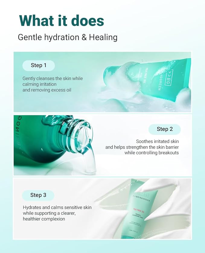 BRING GREEN TEA TREE CICA SET | Korean Skin Care Kit for Acne-Prone, Sensitive Skin | Zinc Teca Serum, Tea Tree Hydrating Moisturizer & Deep Cleansing Foam | Oil Control & Pore Care | K-Beauty Gift