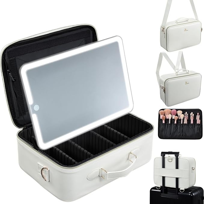 Large Makeup Bag with LED Mirror,Travel Cosmetic Train Case for Makeup Artists,Makeup Organizer Case with Divider Rechargeable Vanity Mirror with 3 Color Lights for Barber,MUA,Nail Tech, Beige