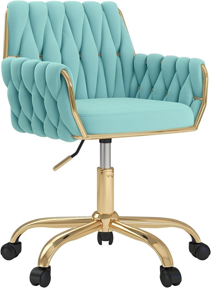 Velvet Modern Home Office Vanity Chair, 360° Swivel Adjustable Height Makeup Desk Chair with Golden Base and Hand Woven Backrest for Bedroom/Study/Vanity (Teal)