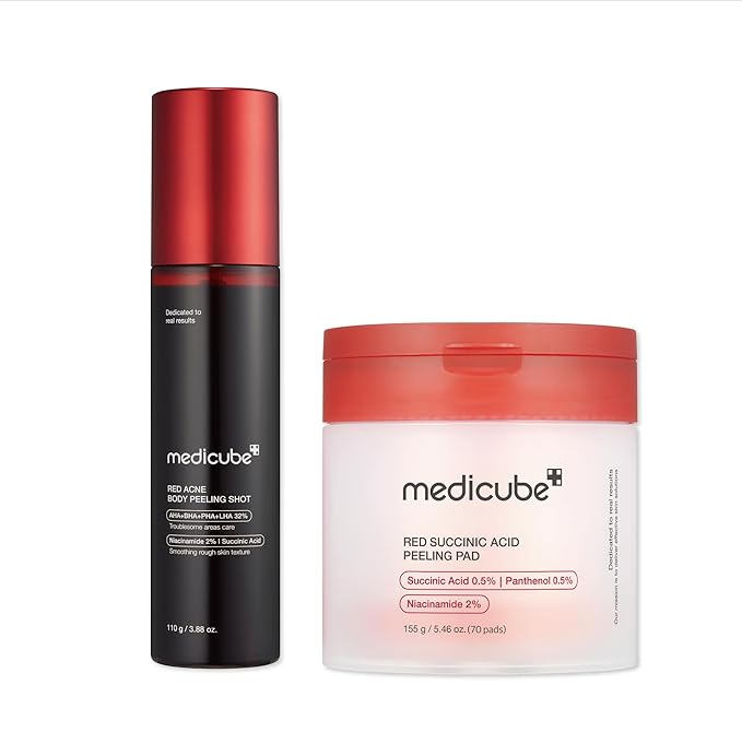 medicube Red Exfoliation & Tone-Care Duo: Red Body Peeling Shot and Red Succinic Acid Panthenol Facial Peeling Pads