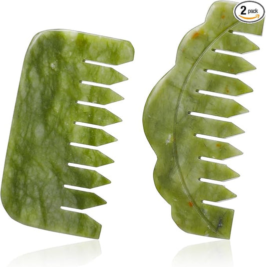 Geiserailie 2 Pcs Jade Combs Esthetician Supplies Massage Stone Hair Gua Sha Scraping Scalp Comb Facial Massage Tool Handheld Head Tools Head Caring Therapy Mother's Day for Women(Stylish Style)