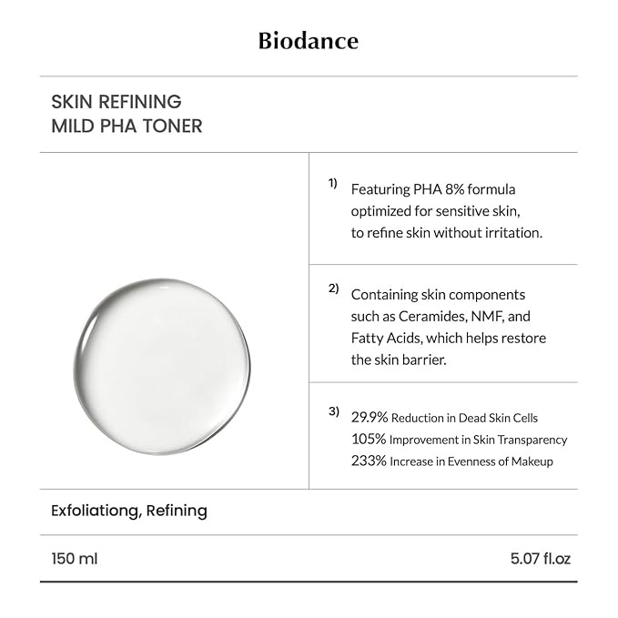 Biodance Skin Refining Mild PHA Toner, Gentle Exfoliating, Hydrating Face Toner for Sensitive Skin with Ceramides & NMF, Korean Skin Care | 5.07 fl.oz,150ml