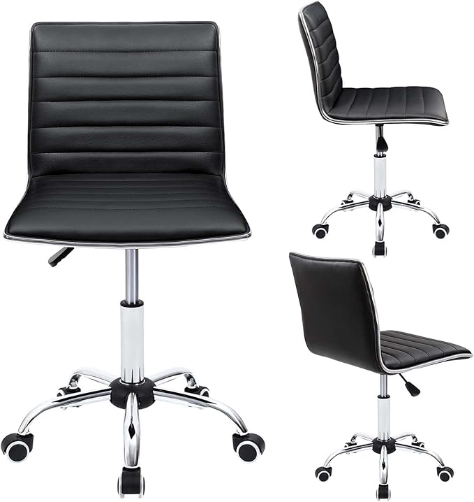 Furmax Vanity Office Desk Chair with Wheels, Armless Small Cute Leather Makeup Computer Task Chair Adjustable Height 360° Swivel (Black)