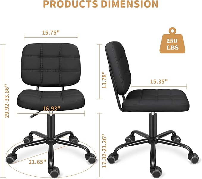 Armless Home Office Desk Chair with Wheels, Modern Ergonomic Drafting Rolling Chair with 360° Swivel Wheels,Height Adjustable Computer Task Chairs for Small Space, Black