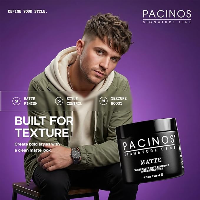 Pacinos Matte Hair Paste - Firm Hold, No Shine, Sculpting & Styling Wax, Long Lasting Definition & Texture, No Flakes, All Hair Types, 4 fl. oz.