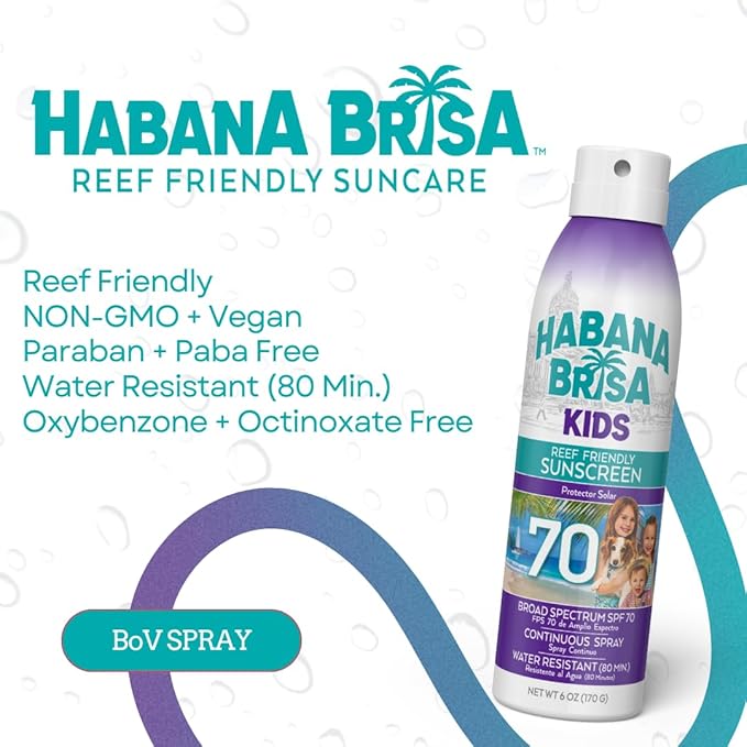 Habana Brisa Kids Sunscreen Spray SPF 70, Hawaii 104 Reef Act Compliant | Octinoxate & Oxybenzone Free | Broad Spectrum UVA/UVB Protection, Water Resistant Sun Protection for Sensitive Skin, 6 Oz