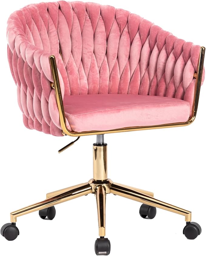 Cute Velvet Office Chair with Back and Golden Wheels, 360° Swivel Small Office Desk Chair Makeup Vanity Chair for Bedroom, Pink Rolling Chair