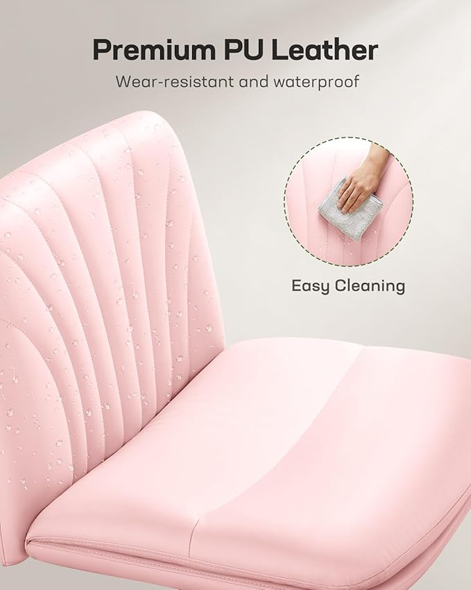 Marsail Armless-Office Desk Chair with Wheels: PU Leather Cross Legged Wide Chair,Comfortable Adjustable Swivel Computer Task Chairs for Home,Office,Make Up,Small Space,Bed Room, Pink