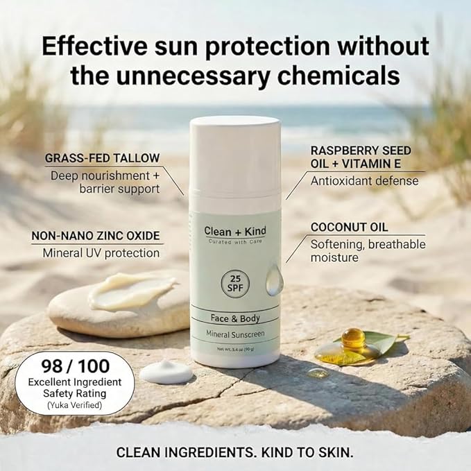 Tallow Sunscreen SPF 25 with Non-Nano Zinc Oxide – Natural Mineral, Reef-Safe & Non-Toxic Sunblock for Face & Body – Non-Greasy, Moisturizing Protection for Sensitive Skin (3.4 oz)