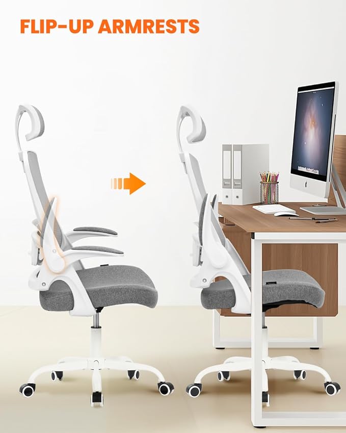 NEO Chair Office Chair High Back Desk Mesh Chair Comfy Computer Gaming Seat with Adjustable Ergonomic Headrest Lumbar Rolling Flip-up Armrests and Wheels (Grey)