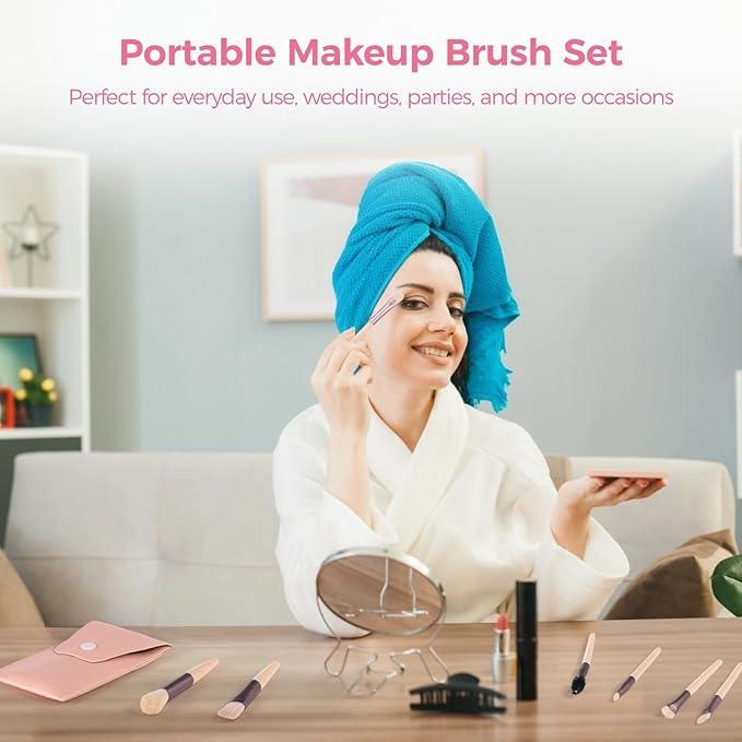 12 Pack Travel Brush Sets 8-Piece Mini Synthetic Fiber Cosmetic Brushes with Bag, Bridesmaid Present & Bachelorette Party Favor (Ivory Beige)