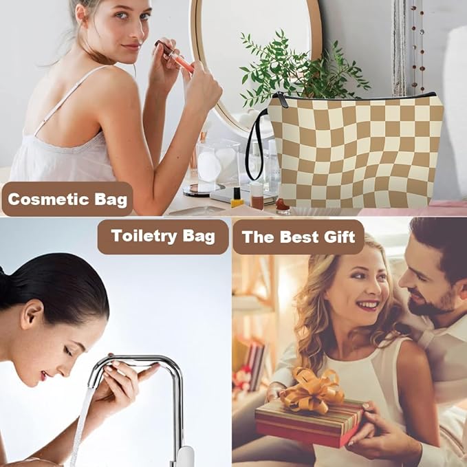 Personalized Brown Checkered Makeup Bag set with Mirror for Women, Checkered Travel Cosmetic bag kit with10 pieces pink brush set，Brown Plaid Gifts for Girls Mom Femal Friends