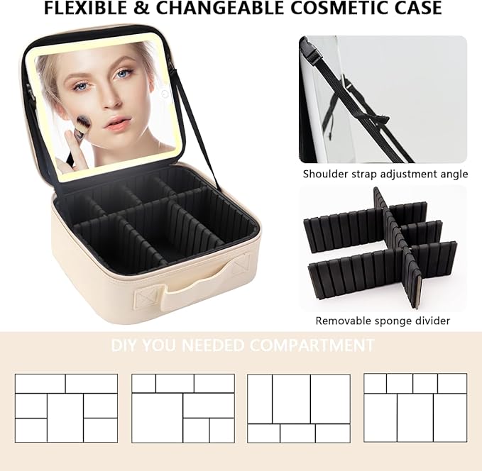 Makeup Bag with Mirror,with Mirror 3 Color Setting and Detachable 10x Magnifying Mirror Large Vanity Makeup Cases,Portable Storage and Adjustable Dividers, for Women and Makeup Artists-White
