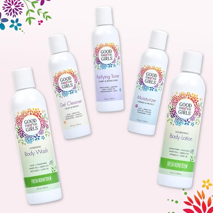 Good For You Girls GIFT SET for Face & Body – Contains: Gel Cleanser, Purifying Toner, Moisturizer, Body Wash Soft Powder Scent, Body Lotion Fresh Honeydew Scent, Made in the USA | GIFT SET 5 Pieces
