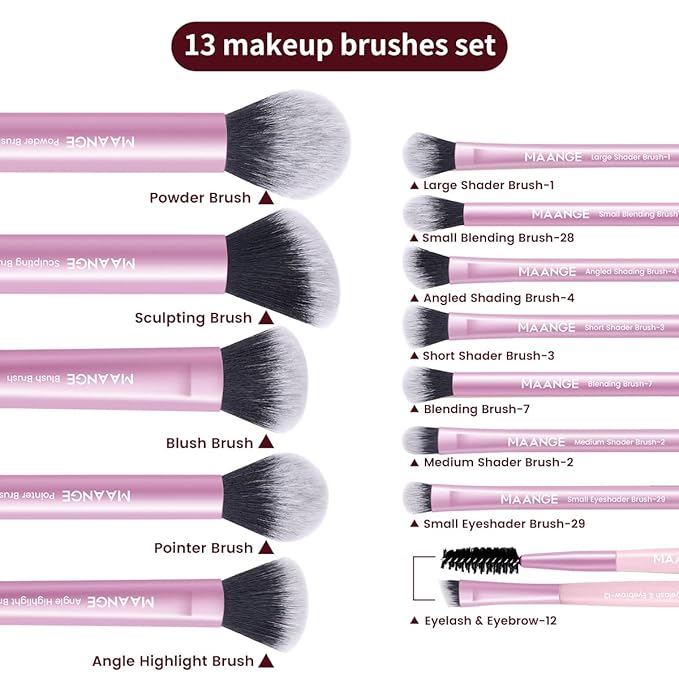 MAANGE 13 PCS Makeup Brushes Professional Make Up Brushes Premium Synthetic Powder Concealers Brushes Travel Makeup Brush Set with Case (Pink)