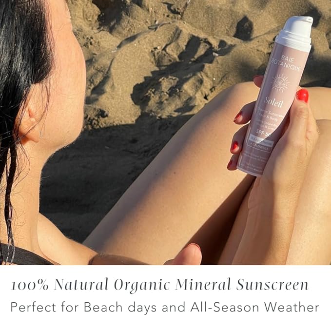 Baie Botanique Soleil - Organic Mineral Non Toxic Sunscreen for Face and Body SPF 50 - Sea Buckthorn & Calendula - Natural - Vegan - No White Cast - Chemical Filter Free - Reef Safe -UVA/UVB - 3.9 oz