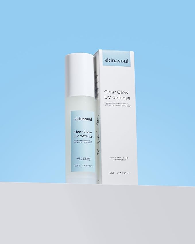 Skin & Soul Clear Glow UV Defense SPF 50 – Lightweight Sunscreen for Sensitive & Acne-Prone Skin – Vitamin C, Hyaluronic Acid & Green Tea – No White Cast – 1 fl oz