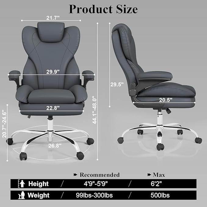 Office Desk Chair, Executive Leather Office Chair, High Back Ergonomic Home Desk Chair with Padded Flip-up Arms, Big and Tall Computer Chair with Rocking Function, 360°Swivel Free, Gray