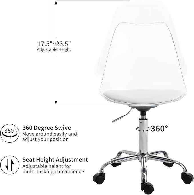 HOMEFUN Clear Desk Chair with Cushion, Armless Acrylic Rolling Chair Height Adjustable Ghost Swivel Molded Plastic and Wheels, Clear