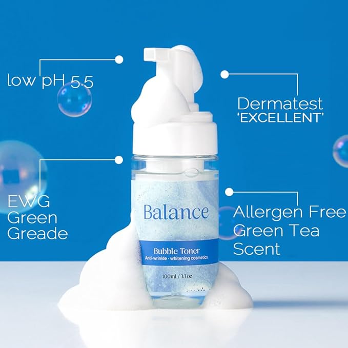 RiRe Balance Bubble Skin Care Toner for Face 3.3oz. with 8 hyaluronic Acid EWG Green Grade, Low pH5.5 Rich Bubble for Moisturizing Nourishing, Oil-Moisture Balance
