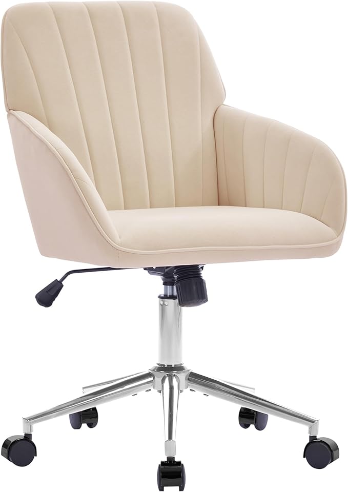 Velvet Home Office Desk Chair, Modern Cute Computer Task Chair with Back, Height Adjustable Upholstered Vanity Chair with Swivel Wheels for Women, Girls (Silver Base, Oatmeal