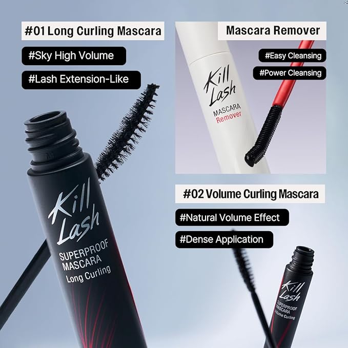 CLIO Kill Lash Superproof Mascara Holiday Gift Set, Waterproof Lash Set with Long Curling, Volume Curling Mini and Remover, Smudge-Resistant Long Wear (001 Plus 002 Mini Plus Remover)